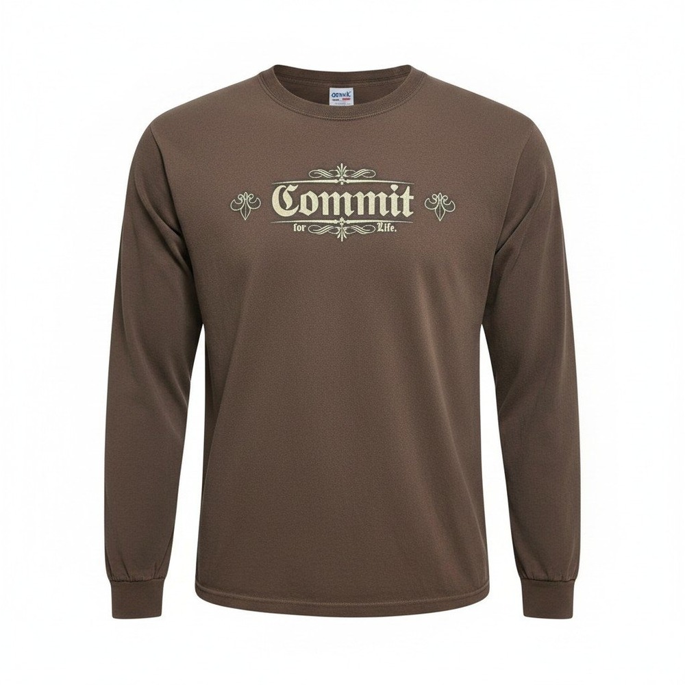 Anvil Long Sleeve T-Shirt Mens Large Brown Good Commit For Life Graphic Cotton